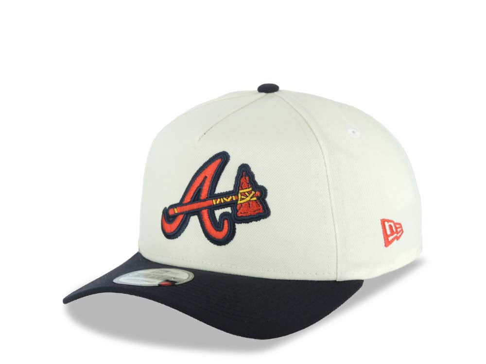Atlanta Braves New Era MLB 9FORTY 940 Adjustable A-Frame Cap Hat Cream Crown Navy Blue Visor Team Color Axe Logo 1992 World Series Side Patch