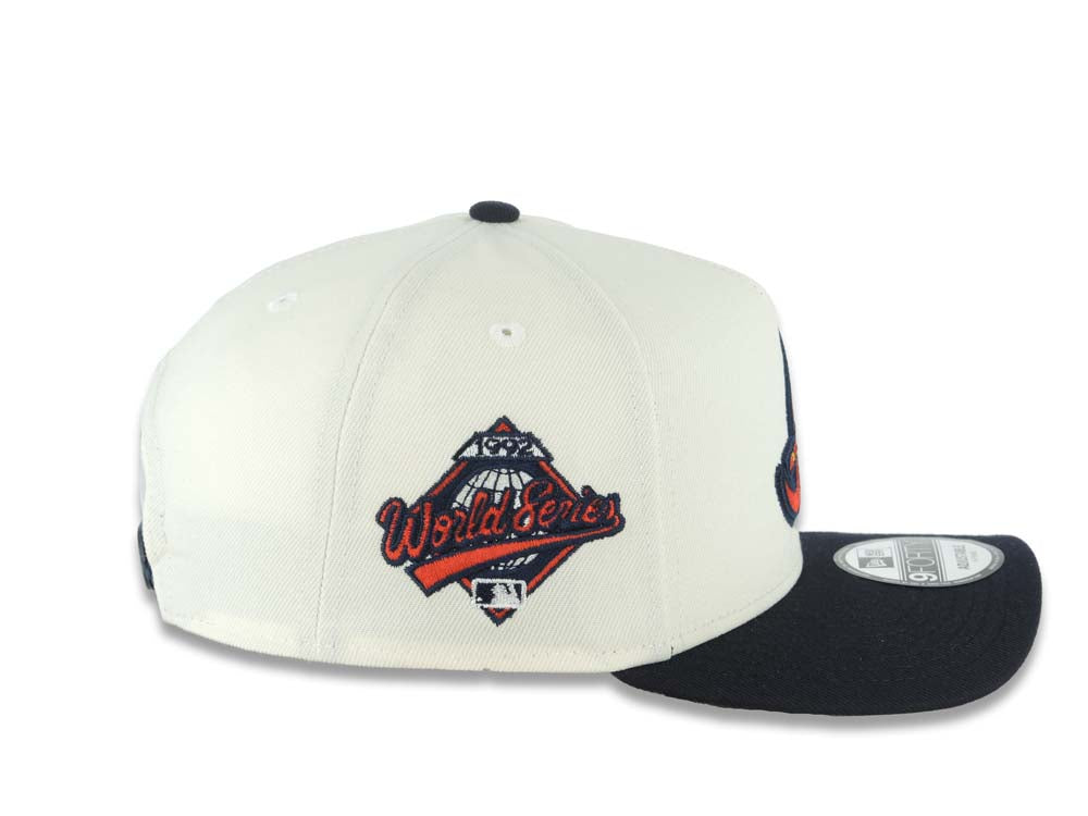 Atlanta Braves New Era MLB 9FORTY 940 Adjustable A-Frame Cap Hat Cream Crown Navy Blue Visor Team Color Axe Logo 1992 World Series Side Patch
