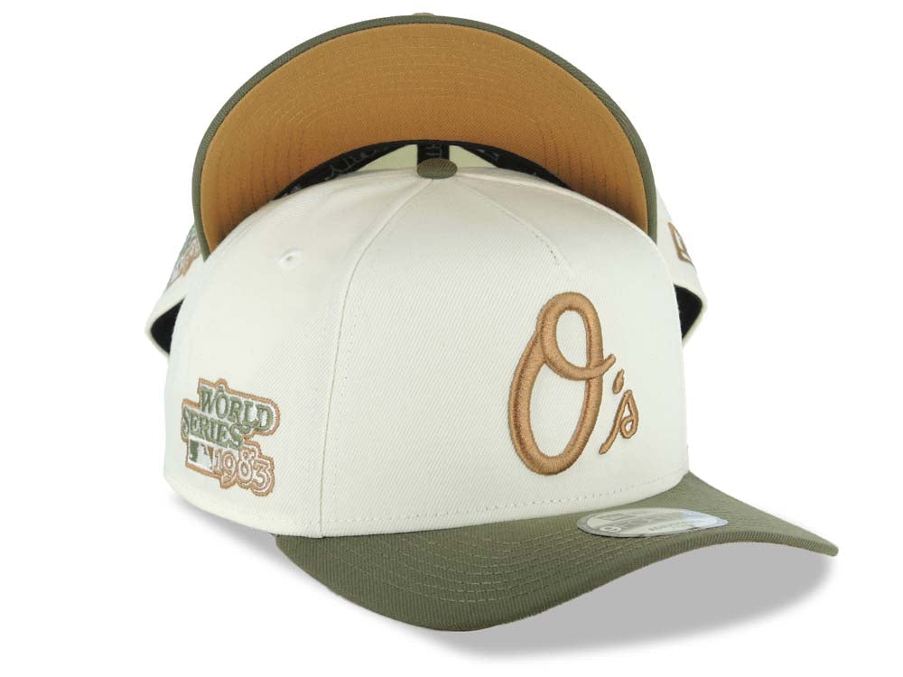 Baltimore Orioles New Era MLB 9FORTY 940 Adjustable A-Frame Cap Hat Cream Crown Olive Green Visor Brown Logo 1983 World Series Side Patch Brown UV