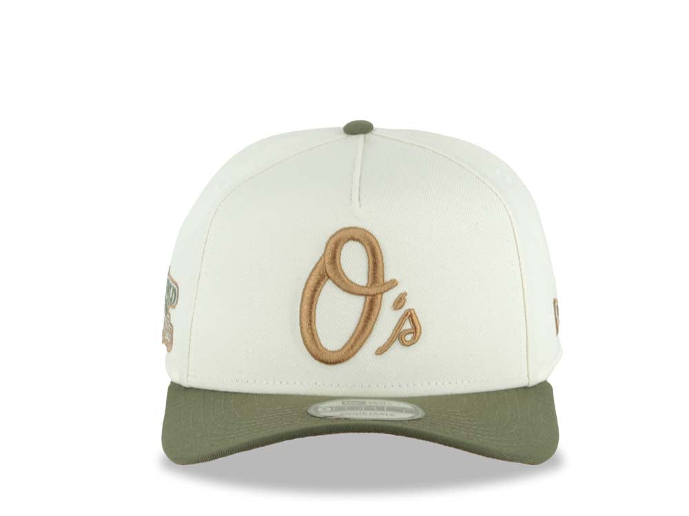 Baltimore Orioles New Era MLB 9FORTY 940 Adjustable A-Frame Cap Hat Cream Crown Olive Green Visor Brown Logo 1983 World Series Side Patch Brown UV