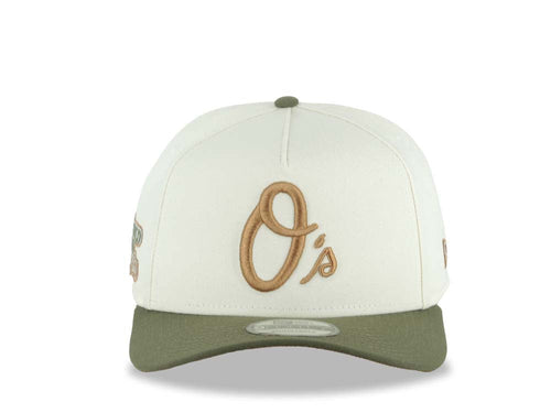 Baltimore Orioles New Era MLB 9FORTY 940 Adjustable A-Frame Cap Hat Cream Crown Olive Green Visor Brown Logo 1983 World Series Side Patch Brown UV