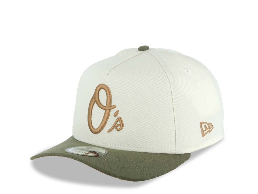 Baltimore Orioles New Era MLB 9FORTY 940 Adjustable A-Frame Cap Hat Cream Crown Olive Green Visor Brown Logo 1983 World Series Side Patch Brown UV