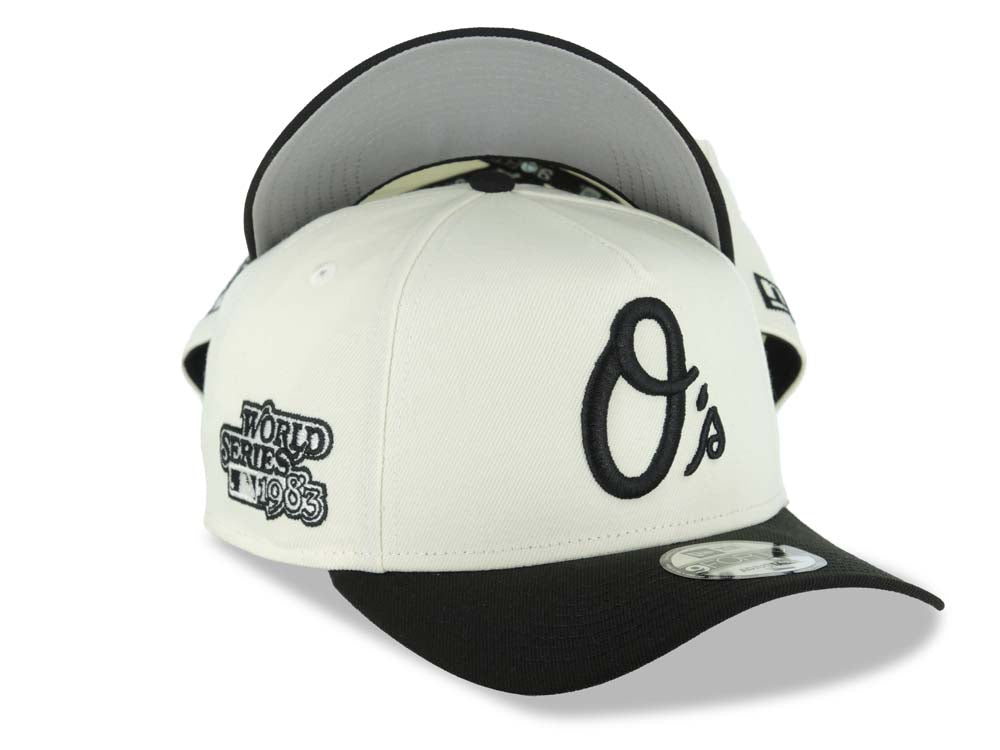 Baltimore Orioles New Era MLB 9FORTY 940 Adjustable A-Frame Cap Hat Cream Crown Black Visor Black Logo 1983 World Series Side Patch Gray UV