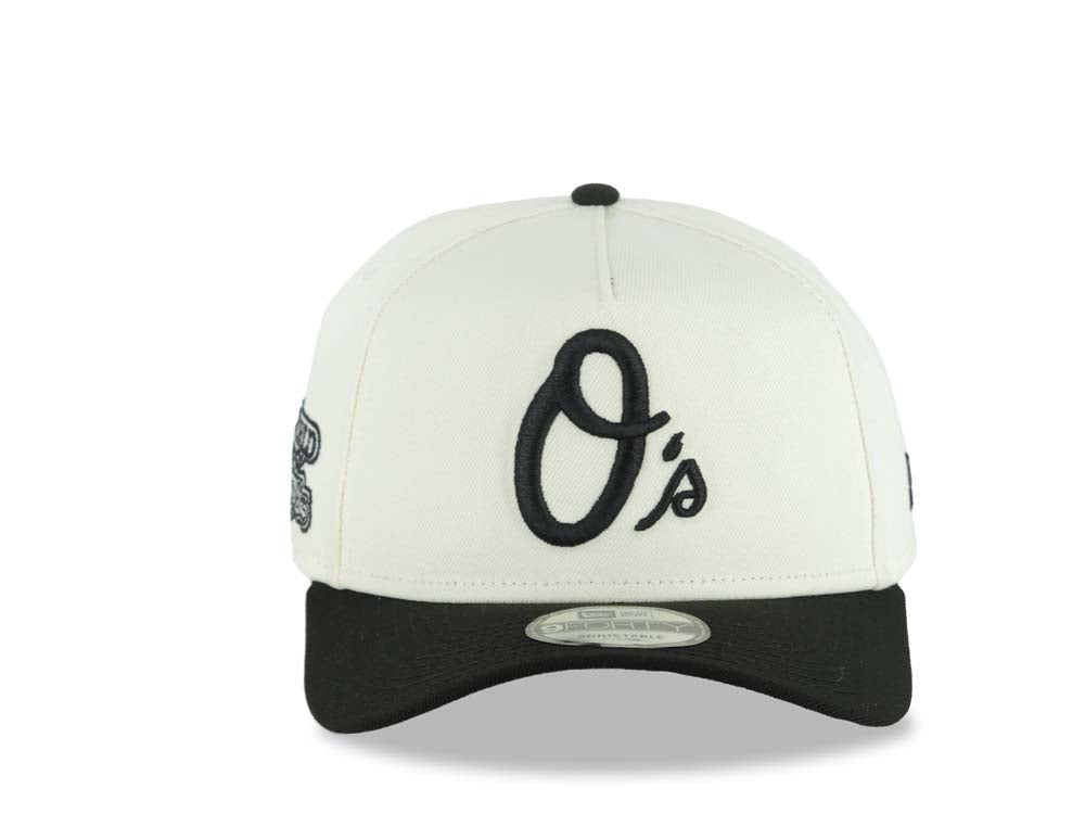 Baltimore Orioles New Era MLB 9FORTY 940 Adjustable A-Frame Cap Hat Cream Crown Black Visor Black Logo 1983 World Series Side Patch Gray UV