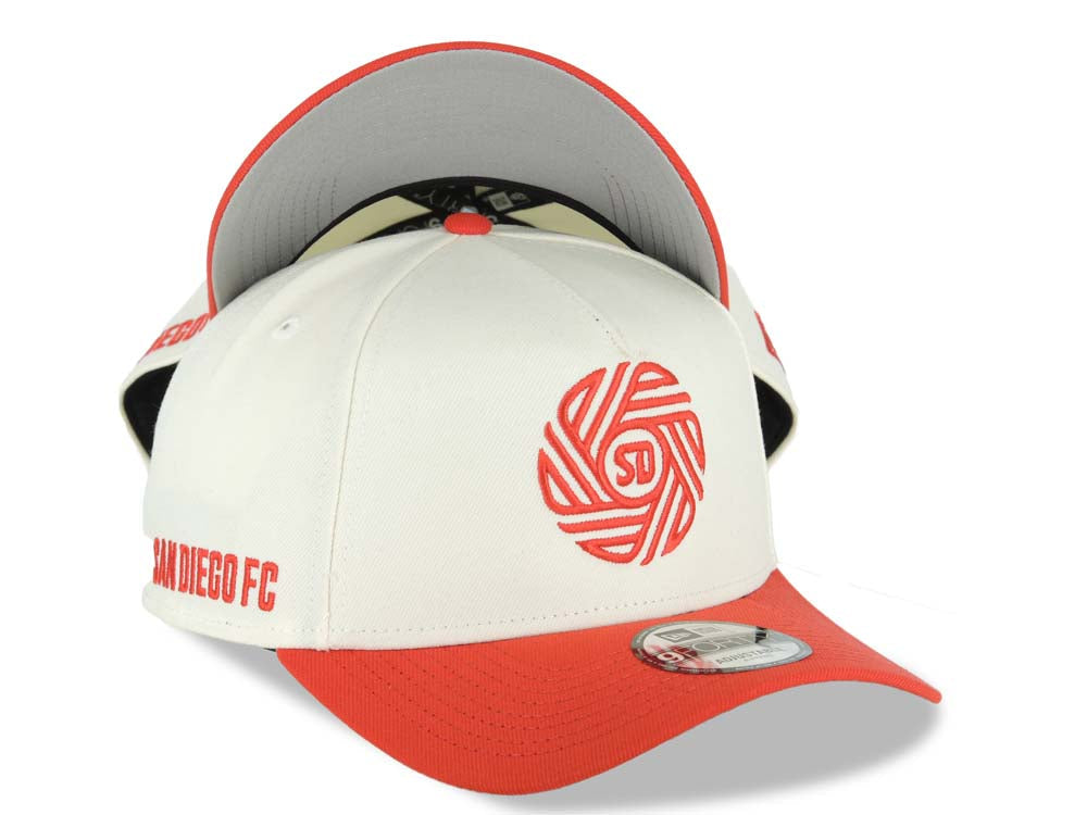 San Diego FC New Era MLS 9FORTY 940 Adjustable A-Frame Cap Hat Cream Crown Red Visor Red Logo Gray UV Gray UV