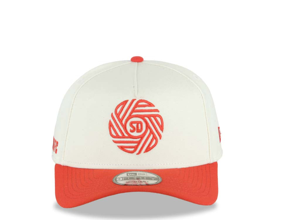 San Diego FC New Era MLS 9FORTY 940 Adjustable A-Frame Cap Hat Cream Crown Red Visor Red Logo Gray UV Gray UV