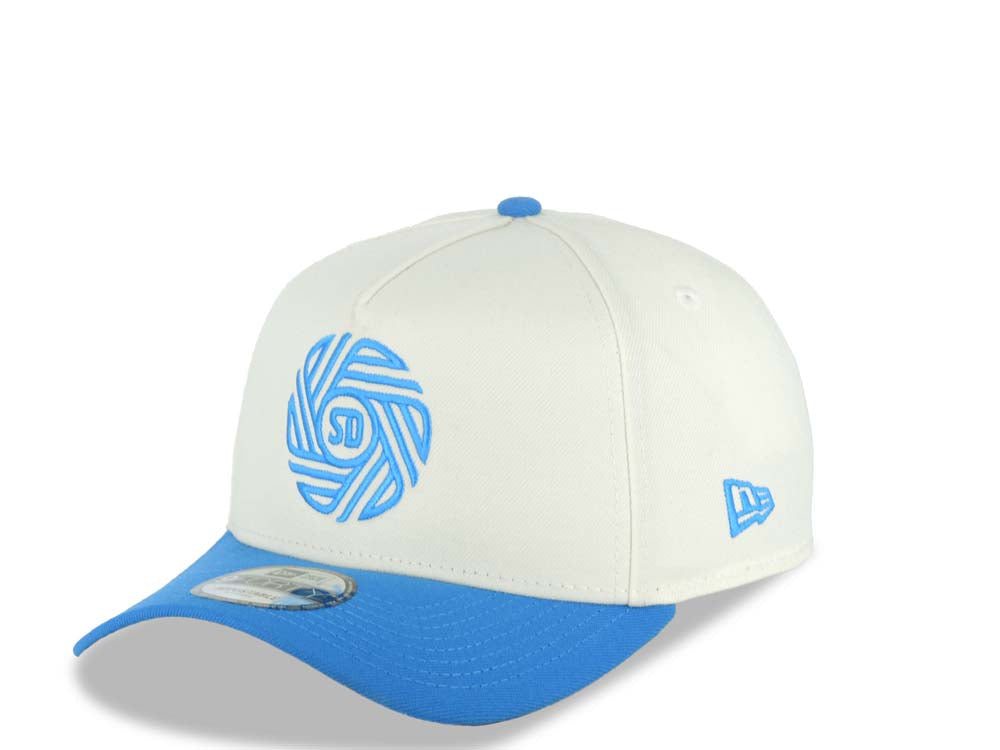 San Diego FC New Era MLS 9FORTY 940 Adjustable A-Frame Cap Hat Cream Crown Light Blue Visor Light Blue Logo Gray UV Gray UV