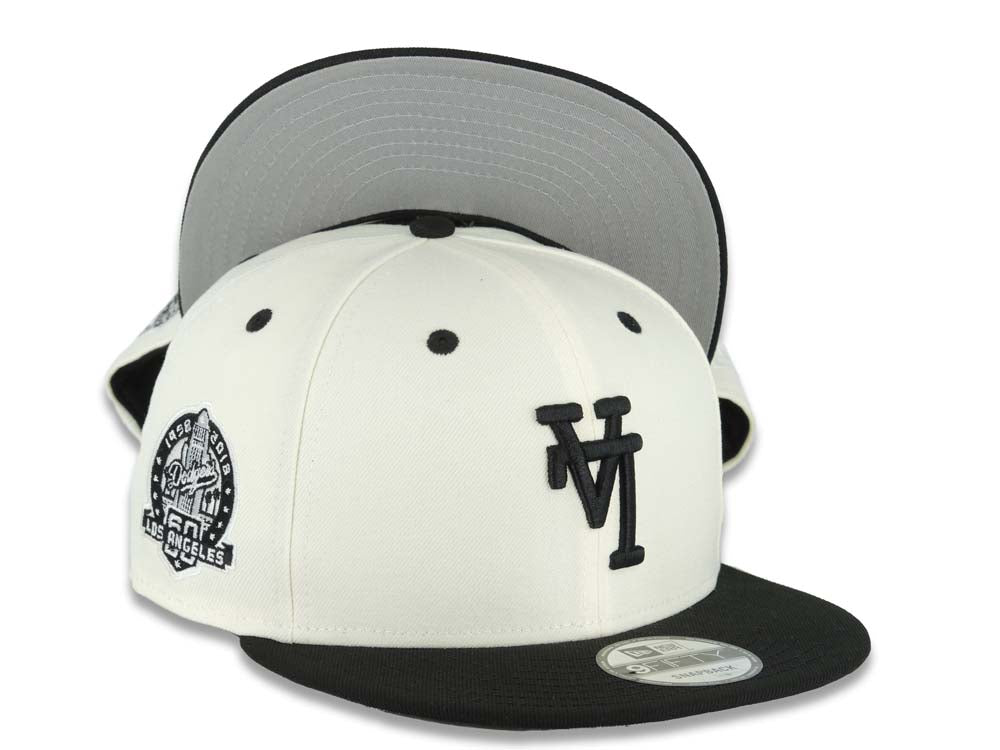 Los Angeles Dodgers New Era MLB 9FIFTY 950 Snapback Cap Hat Cream Crown Black Visor Black Upside Down Logo 60th Anniversary Side Patch