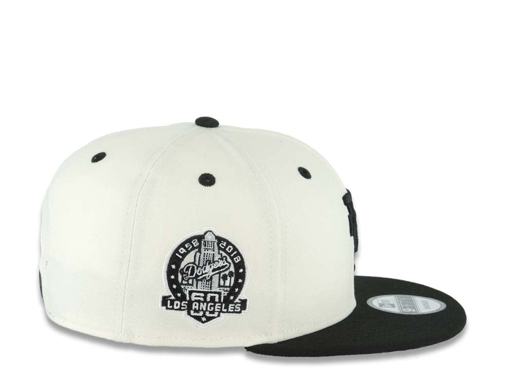 Los Angeles Dodgers New Era MLB 9FIFTY 950 Snapback Cap Hat Cream Crown Black Visor Black Upside Down Logo 60th Anniversary Side Patch