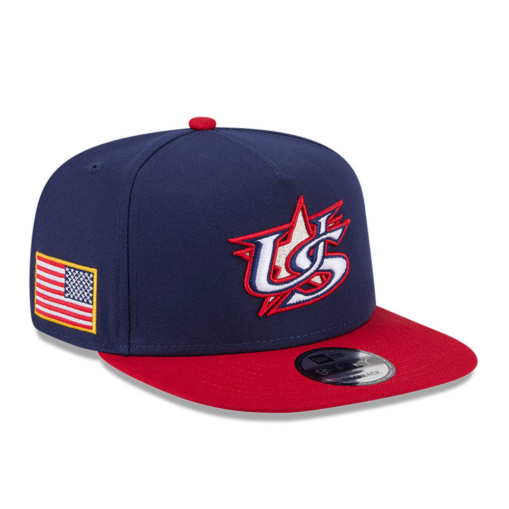 USA New Era WBC World Baseball Classic 9FIFTY 950 Snapback A-Frame Cap Hat Navy Blue Crown Red Visor Team Color Logo USA Flag Side Patch
