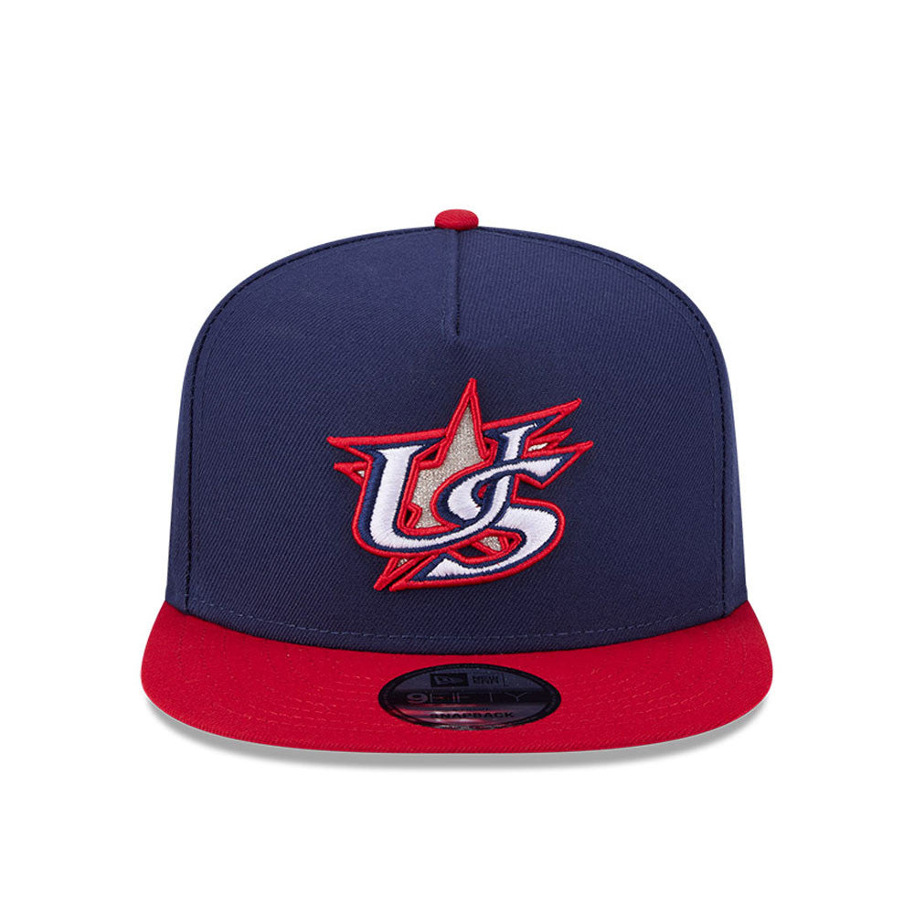 USA New Era WBC World Baseball Classic 9FIFTY 950 Snapback A-Frame Cap Hat Navy Blue Crown Red Visor Team Color Logo USA Flag Side Patch