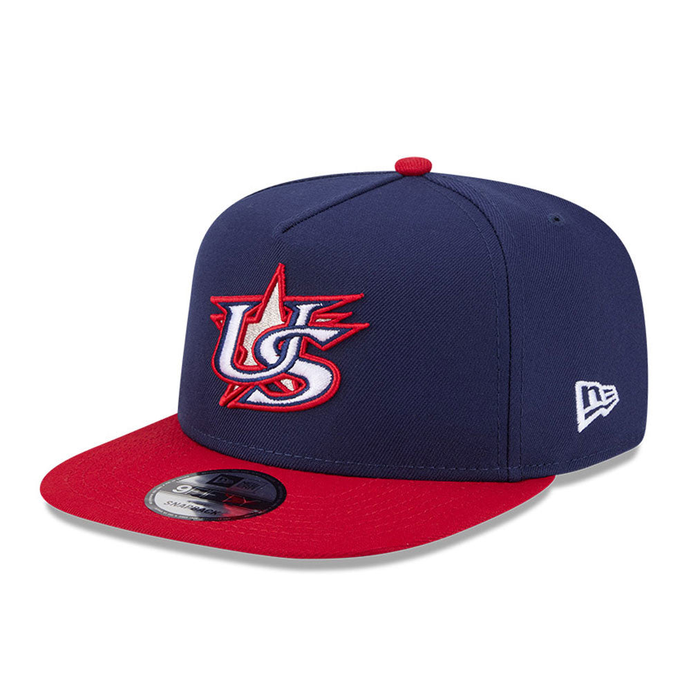 USA New Era WBC World Baseball Classic 9FIFTY 950 Snapback A-Frame Cap Hat Navy Blue Crown Red Visor Team Color Logo USA Flag Side Patch