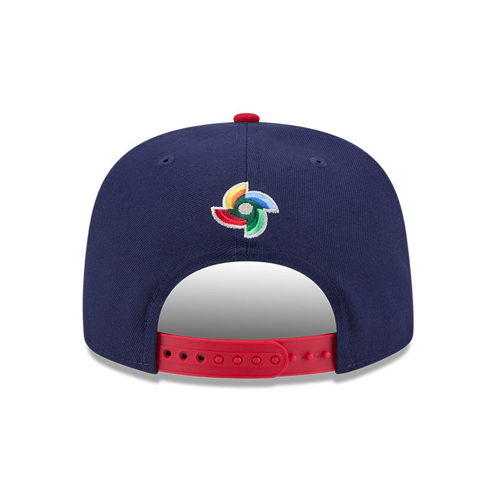 USA New Era WBC World Baseball Classic 9FIFTY 950 Snapback A-Frame Cap Hat Navy Blue Crown Red Visor Team Color Logo USA Flag Side Patch