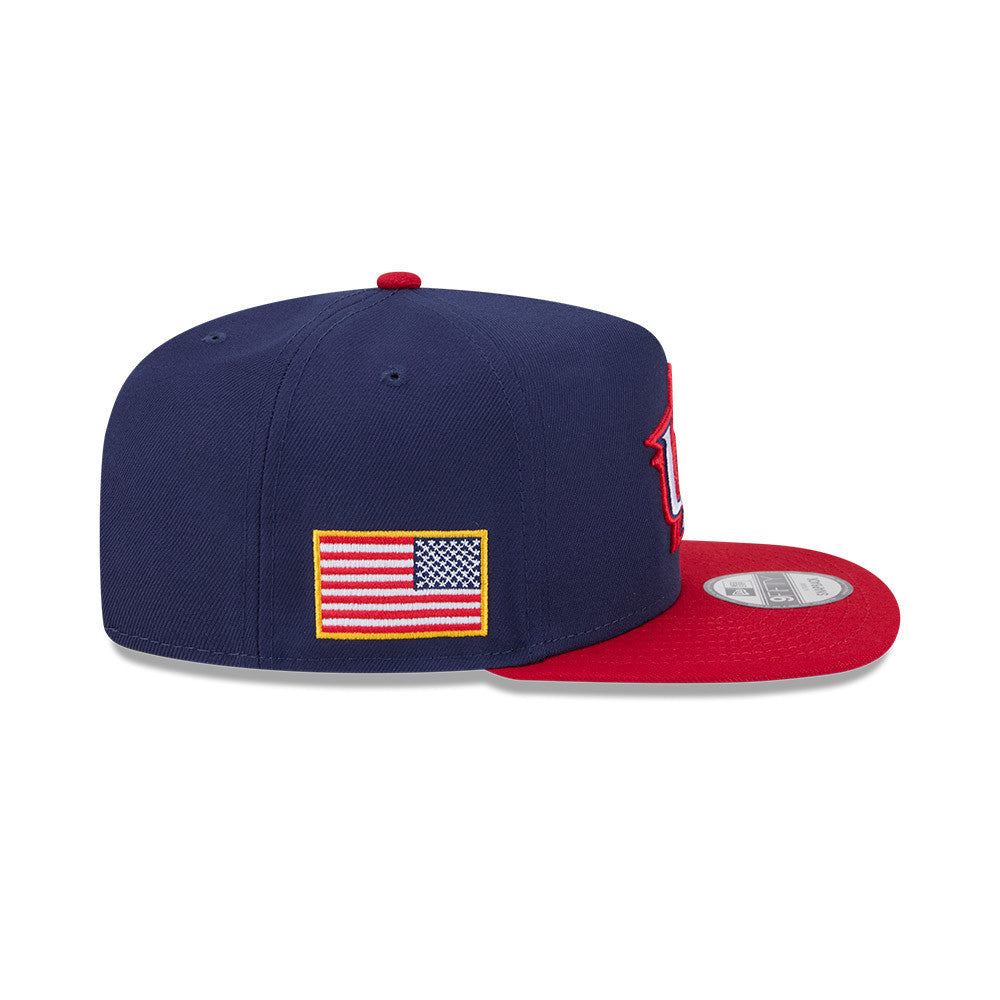 USA New Era WBC World Baseball Classic 9FIFTY 950 Snapback A-Frame Cap Hat Navy Blue Crown Red Visor Team Color Logo USA Flag Side Patch