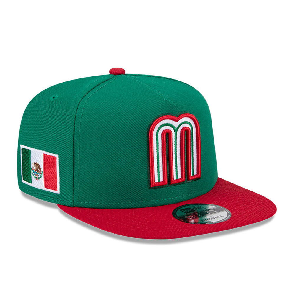 Mexico New Era WBC World Baseball Classic 9FIFTY 950 Snapback A-Frame Cap Hat Green Crown Red Visor Team Color Logo Mexico Flag Side Patch