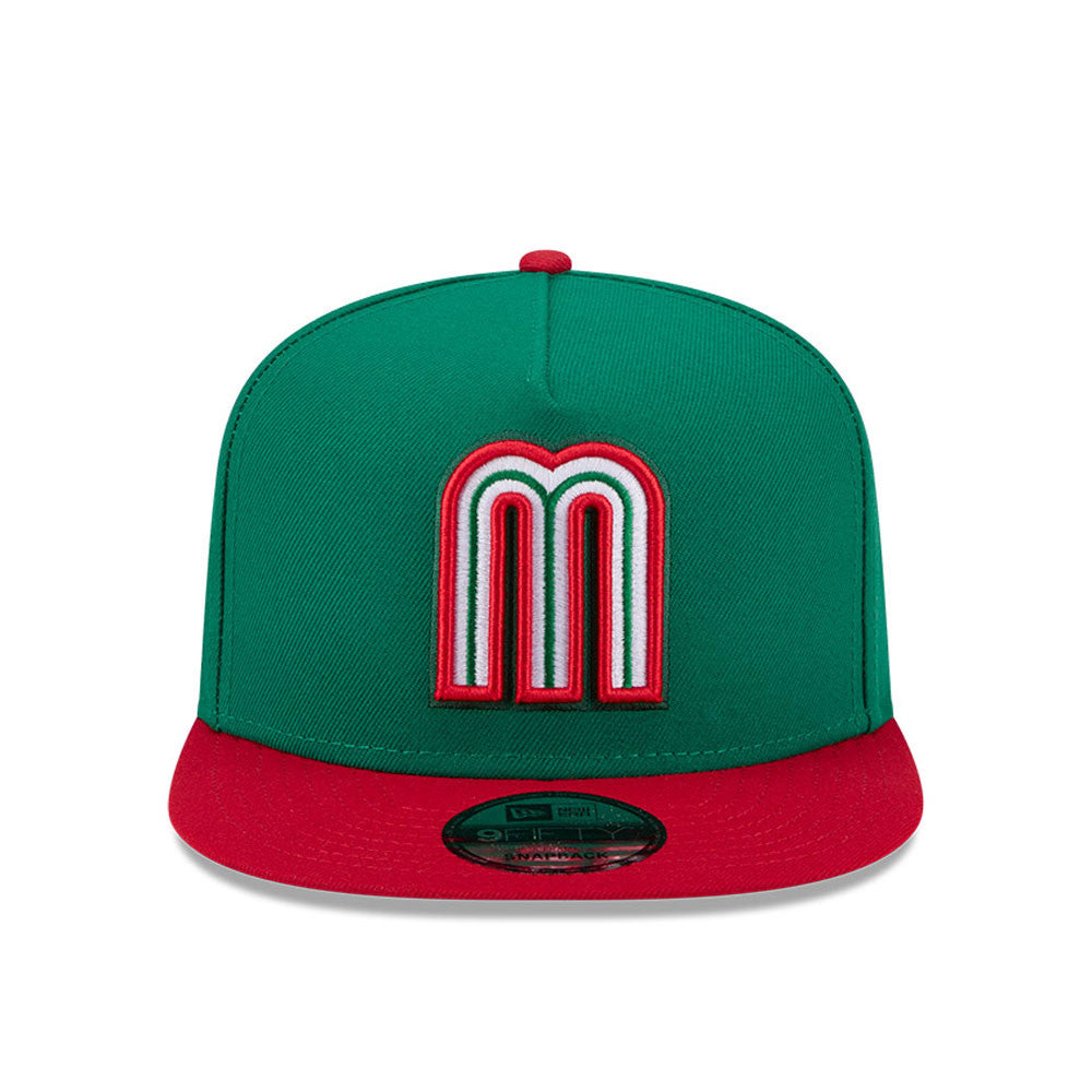Mexico New Era WBC World Baseball Classic 9FIFTY 950 Snapback A-Frame Cap Hat Green Crown Red Visor Team Color Logo Mexico Flag Side Patch