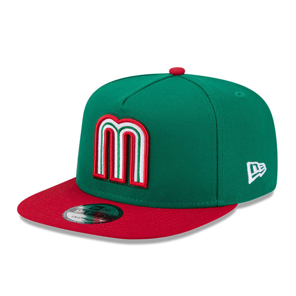 Mexico New Era WBC World Baseball Classic 9FIFTY 950 Snapback A-Frame Cap Hat Green Crown Red Visor Team Color Logo Mexico Flag Side Patch