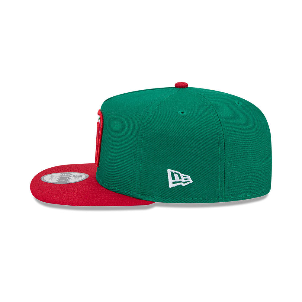 Mexico New Era WBC World Baseball Classic 9FIFTY 950 Snapback A-Frame Cap Hat Green Crown Red Visor Team Color Logo Mexico Flag Side Patch