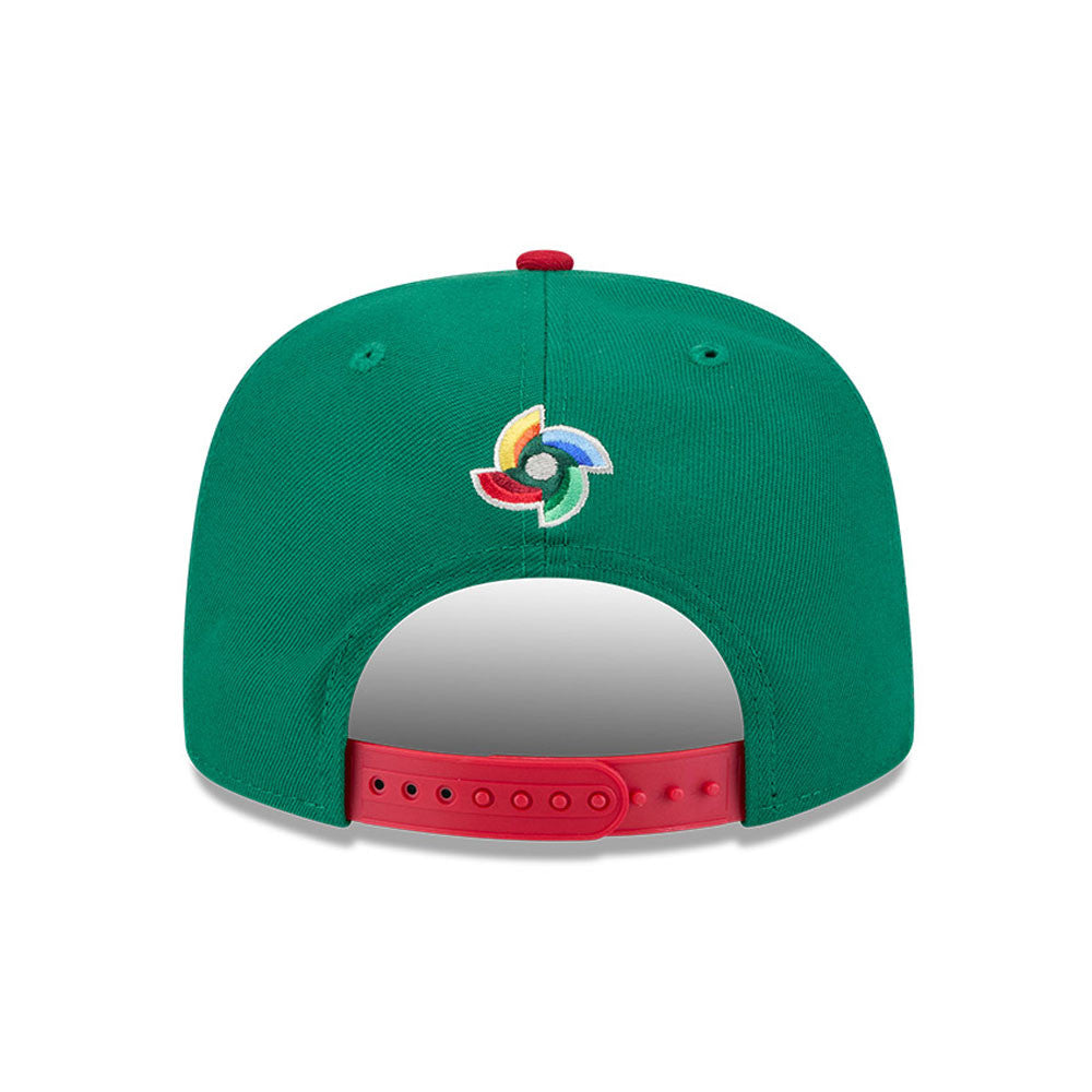Mexico New Era WBC World Baseball Classic 9FIFTY 950 Snapback A-Frame Cap Hat Green Crown Red Visor Team Color Logo Mexico Flag Side Patch