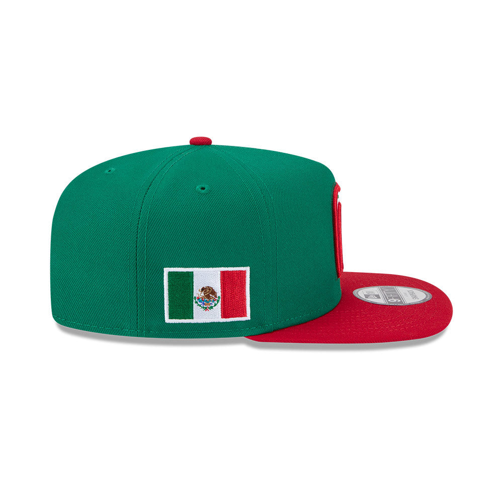 Mexico New Era WBC World Baseball Classic 9FIFTY 950 Snapback A-Frame Cap Hat Green Crown Red Visor Team Color Logo Mexico Flag Side Patch