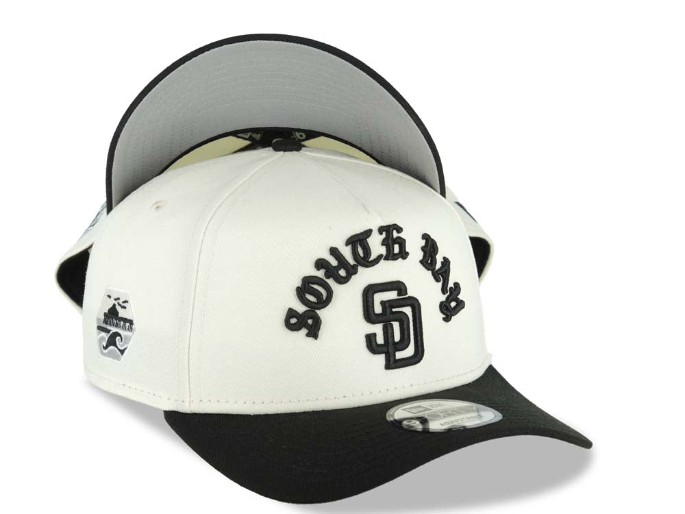 San Diego Padres New Era MLB 9FORTY 940 Adjustable A-Frame Cap Hat Cream Crown Black Visor Black Script/Text Logo South Bay Pier Side Patch Gray UV