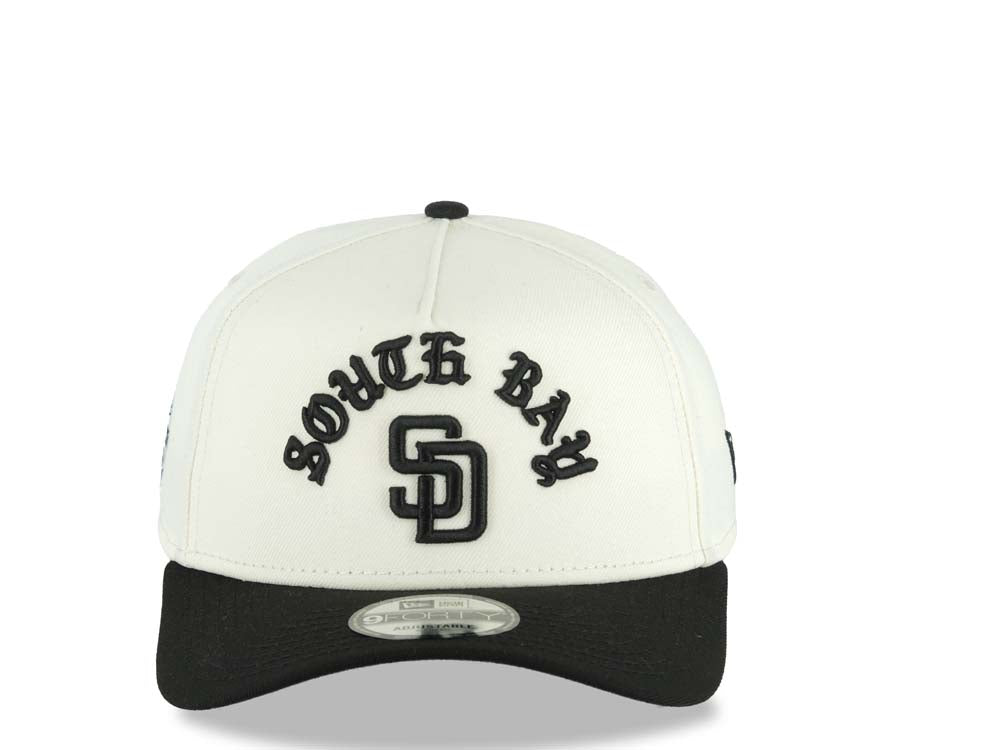 San Diego Padres New Era MLB 9FORTY 940 Adjustable A-Frame Cap Hat Cream Crown Black Visor Black Script/Text Logo South Bay Pier Side Patch Gray UV