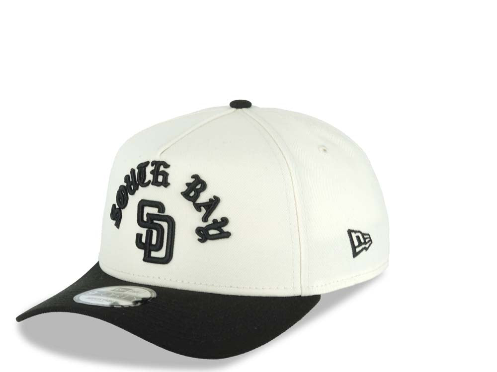 San Diego Padres New Era MLB 9FORTY 940 Adjustable A-Frame Cap Hat Cream Crown Black Visor Black Script/Text Logo South Bay Pier Side Patch Gray UV