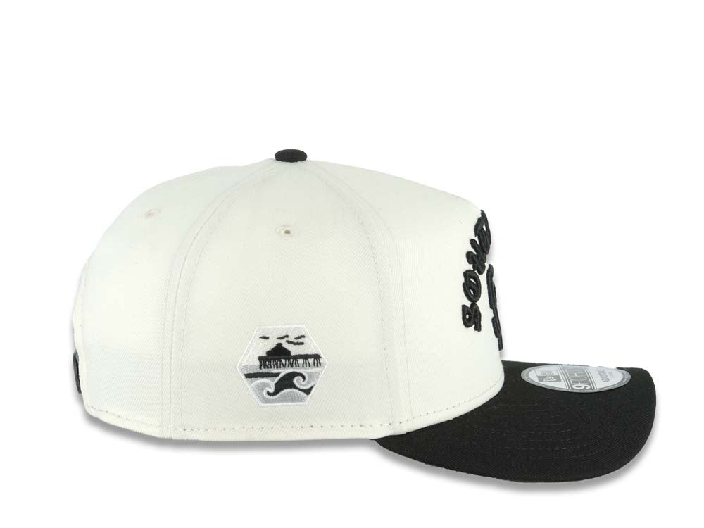 San Diego Padres New Era MLB 9FORTY 940 Adjustable A-Frame Cap Hat Cream Crown Black Visor Black Script/Text Logo South Bay Pier Side Patch Gray UV