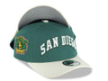 San Diego Padres New Era MLB 9FORTY 940 Adjustable A-Frame Cap Hat Green Crown Cream Visor White/Green Text Logo Stadium Side Patch Gray UV