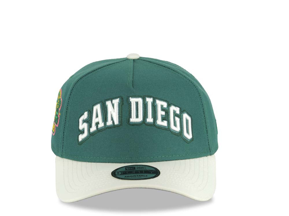 San Diego Padres New Era MLB 9FORTY 940 Adjustable A-Frame Cap Hat Green Crown Cream Visor White/Green Text Logo Stadium Side Patch Gray UV