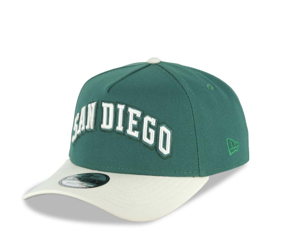 San Diego Padres New Era MLB 9FORTY 940 Adjustable A-Frame Cap Hat Green Crown Cream Visor White/Green Text Logo Stadium Side Patch Gray UV