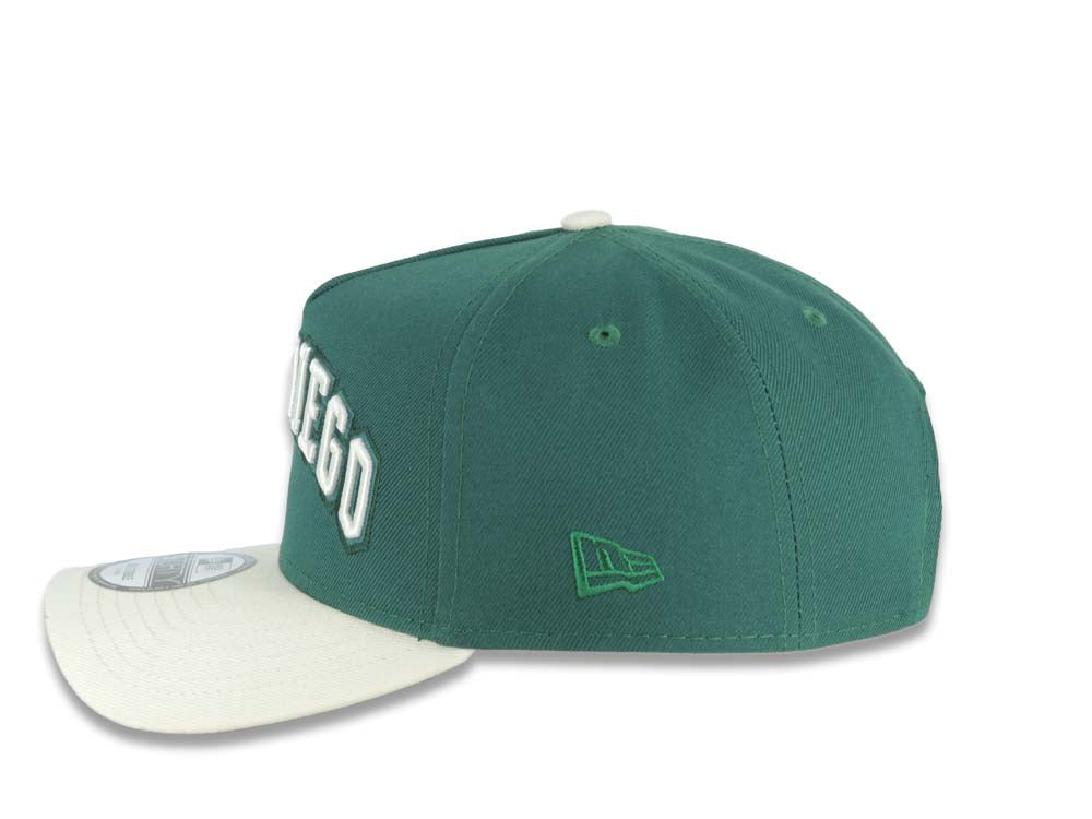 San Diego Padres New Era MLB 9FORTY 940 Adjustable A-Frame Cap Hat Green Crown Cream Visor White/Green Text Logo Stadium Side Patch Gray UV
