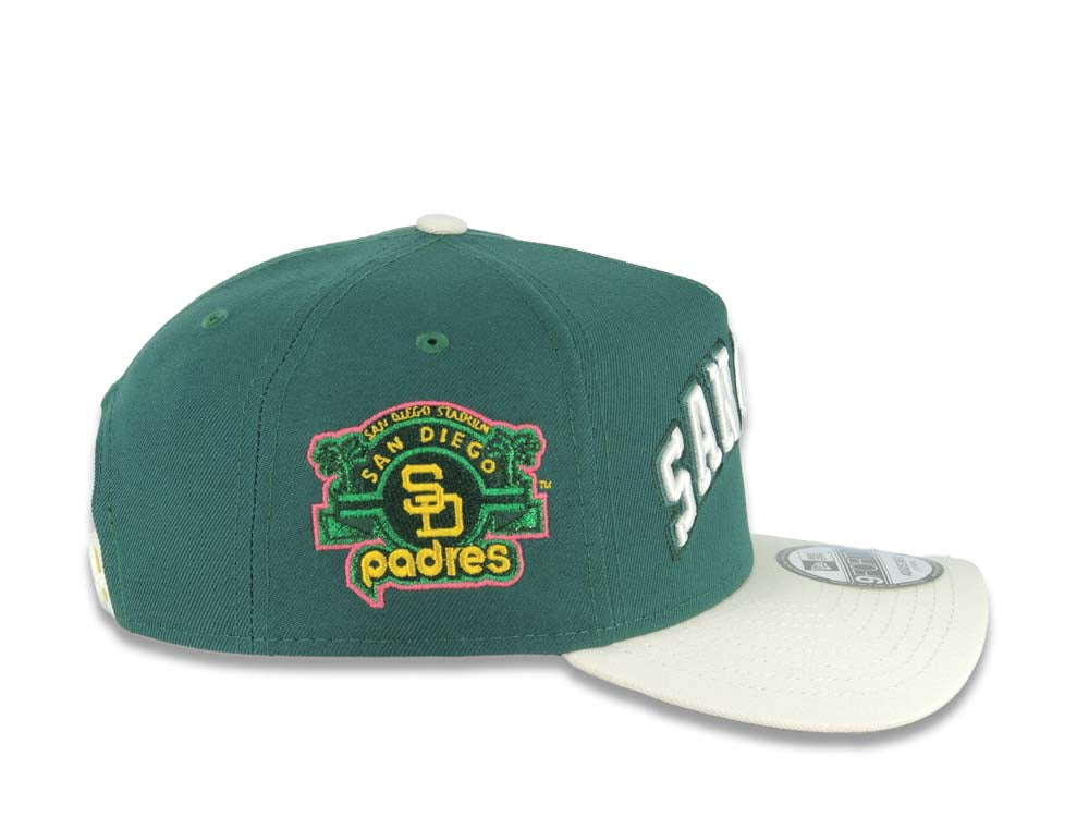 San Diego Padres New Era MLB 9FORTY 940 Adjustable A-Frame Cap Hat Green Crown Cream Visor White/Green Text Logo Stadium Side Patch Gray UV