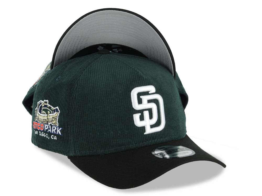 (Corduroy Crown) San Diego Padres New Era MLB 9FORTY 940 Adjustable A-Frame Cap Hat Dark Green Crown Black Visor White Logo Petcopark Stadium Side Patch