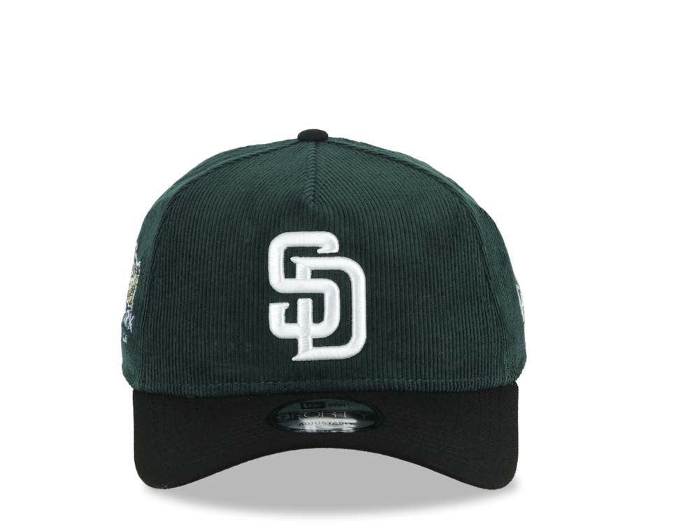 (Corduroy Crown) San Diego Padres New Era MLB 9FORTY 940 Adjustable A-Frame Cap Hat Dark Green Crown Black Visor White Logo Petcopark Stadium Side Patch