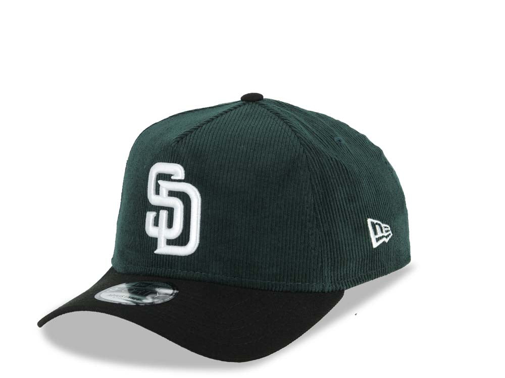 (Corduroy Crown) San Diego Padres New Era MLB 9FORTY 940 Adjustable A-Frame Cap Hat Dark Green Crown Black Visor White Logo Petcopark Stadium Side Patch