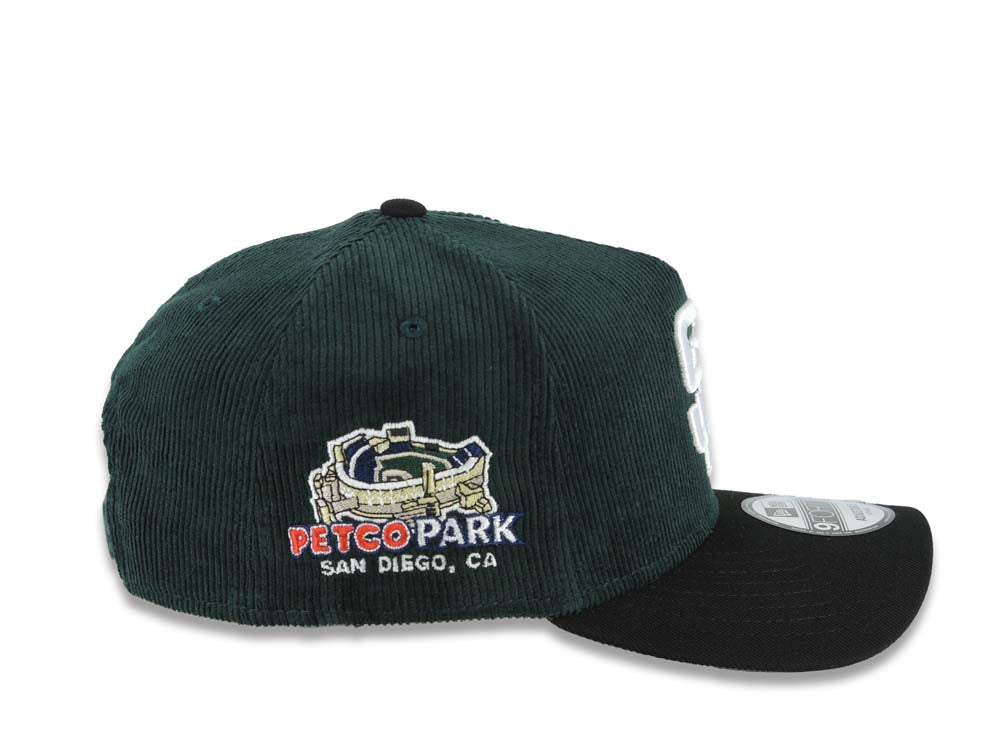 (Corduroy Crown) San Diego Padres New Era MLB 9FORTY 940 Adjustable A-Frame Cap Hat Dark Green Crown Black Visor White Logo Petcopark Stadium Side Patch