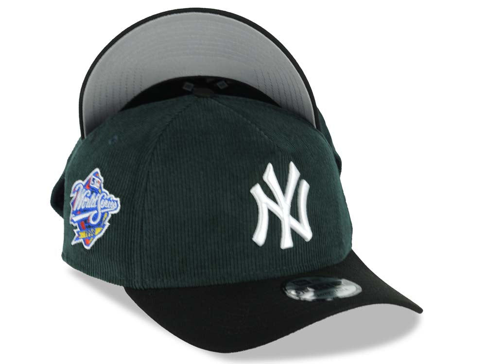 (Corduroy Crown) New York Yankees New Era MLB 9FORTY 940 Adjustable A-Frame Cap Hat Dark Green Crown Black Visor White Logo 1998 World Series Side Patch