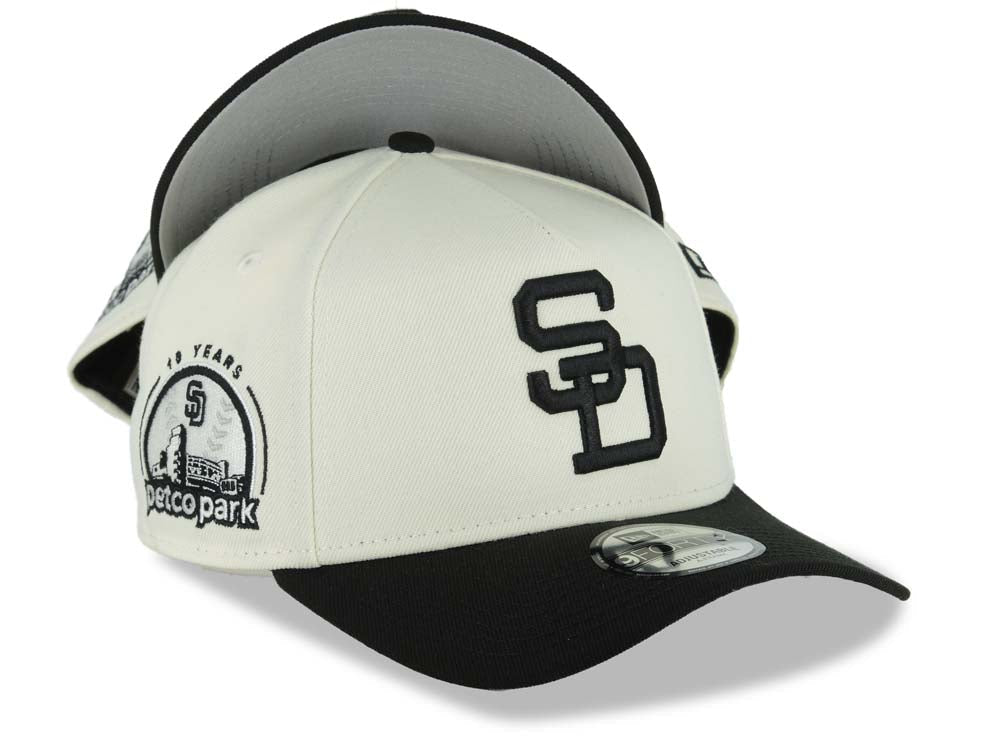 San Diego Padres New Era MLB 9FORTY 940 Adjustable A-Frame Cap Hat Cream Crown Black Visor Black Cooperstown Logo 10 Years Petco Park Side Patch