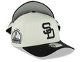 San Diego Padres New Era MLB 9FORTY 940 Adjustable A-Frame Cap Hat Cream Crown Black Visor Black Cooperstown Logo 10 Years Petco Park Side Patch