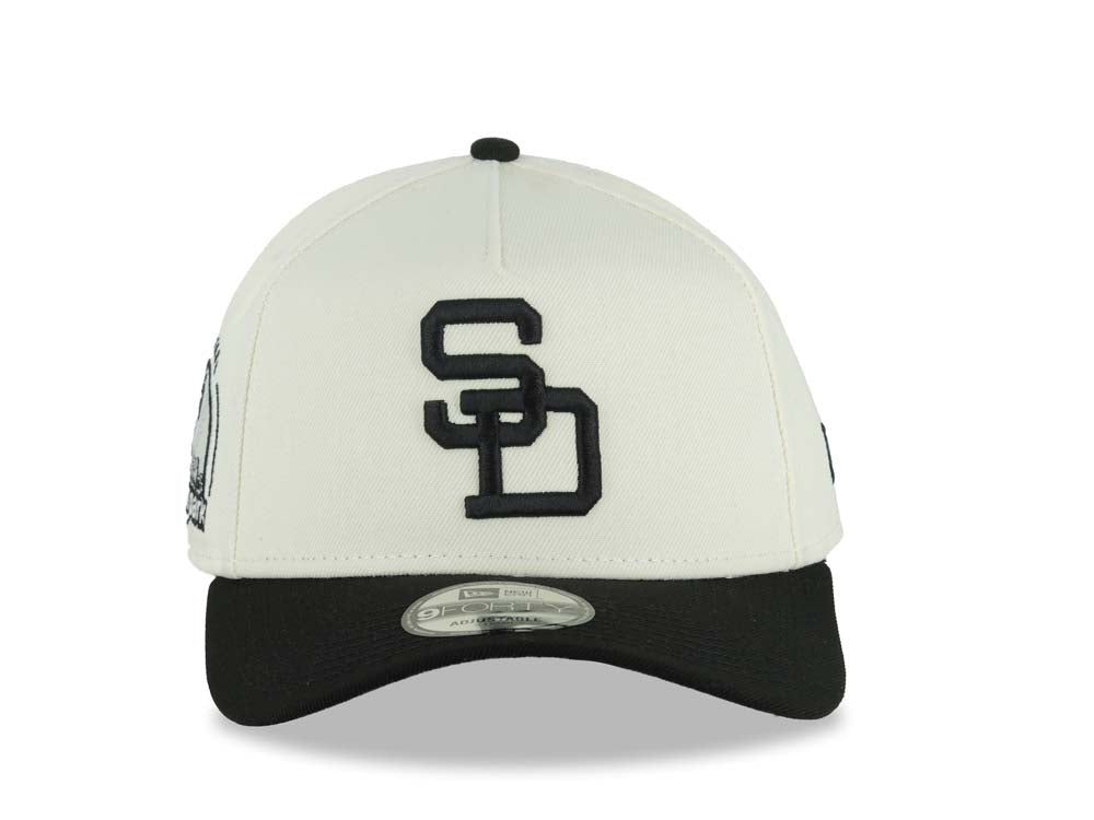 San Diego Padres New Era MLB 9FORTY 940 Adjustable A-Frame Cap Hat Cream Crown Black Visor Black Cooperstown Logo 10 Years Petco Park Side Patch
