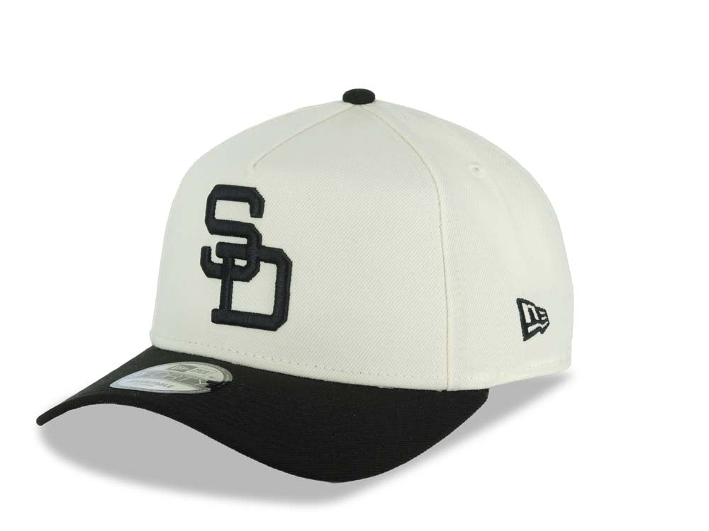 San Diego Padres New Era MLB 9FORTY 940 Adjustable A-Frame Cap Hat Cream Crown Black Visor Black Cooperstown Logo 10 Years Petco Park Side Patch