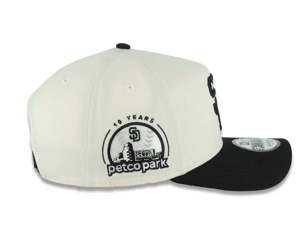 San Diego Padres New Era MLB 9FORTY 940 Adjustable A-Frame Cap Hat Cream Crown Black Visor Black Cooperstown Logo 10 Years Petco Park Side Patch