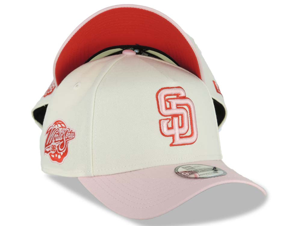 San Diego Padres New Era MLB 9FORTY 940 Adjustable A-Frame Cap Hat Cream Crown Pink Visor Pink /Red Logo 1998 World Series Side Patch