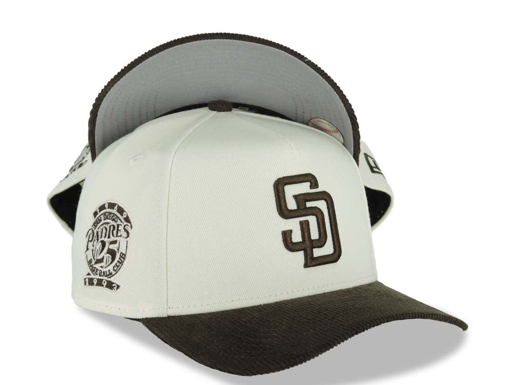 (Corduroy Visor) San Diego Padres New Era 9FORTY 940 Adjustable A-Frame Cap Hat Cream Crown Brown Visor Brown Logo 25th Anniversary Side Patch