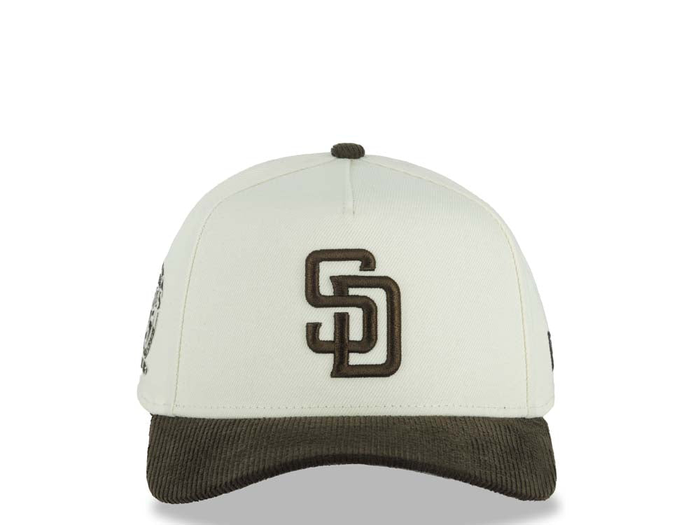 (Corduroy Visor) San Diego Padres New Era 9FORTY 940 Adjustable A-Frame Cap Hat Cream Crown Brown Visor Brown Logo 25th Anniversary Side Patch