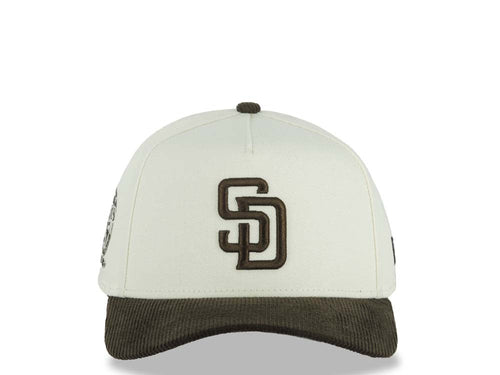 (Corduroy Visor) San Diego Padres New Era 9FORTY 940 Adjustable A-Frame Cap Hat Cream Crown Brown Visor Brown Logo 25th Anniversary Side Patch