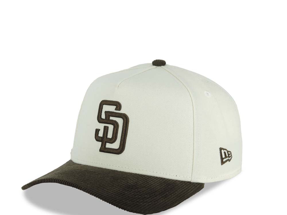 (Corduroy Visor) San Diego Padres New Era 9FORTY 940 Adjustable A-Frame Cap Hat Cream Crown Brown Visor Brown Logo 25th Anniversary Side Patch