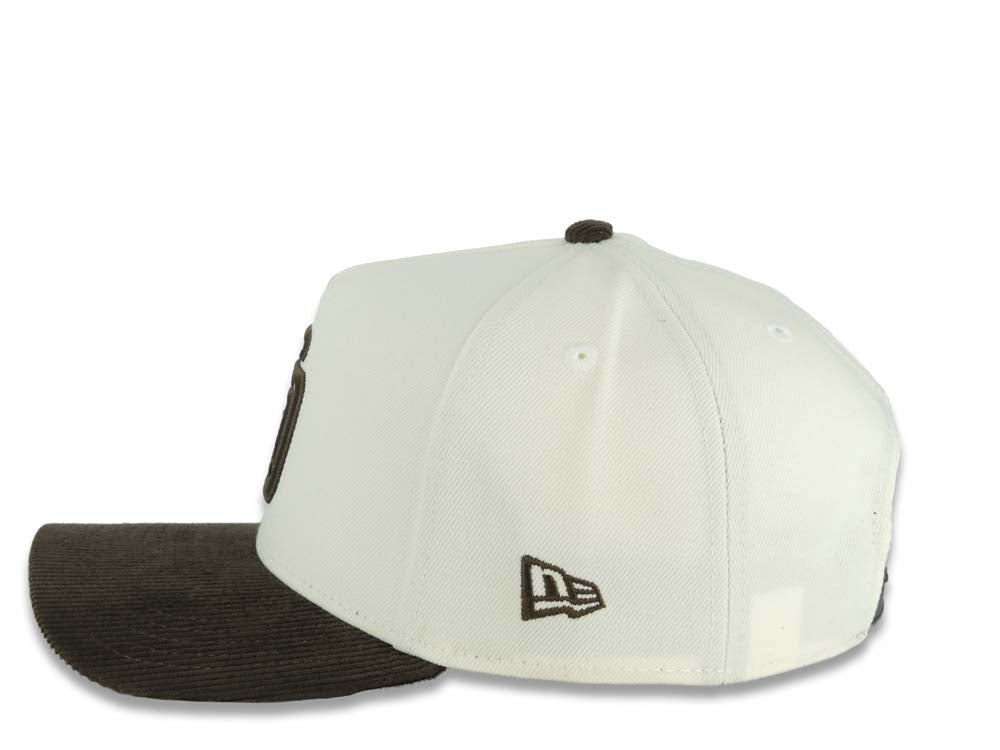 (Corduroy Visor) San Diego Padres New Era 9FORTY 940 Adjustable A-Frame Cap Hat Cream Crown Brown Visor Brown Logo 25th Anniversary Side Patch