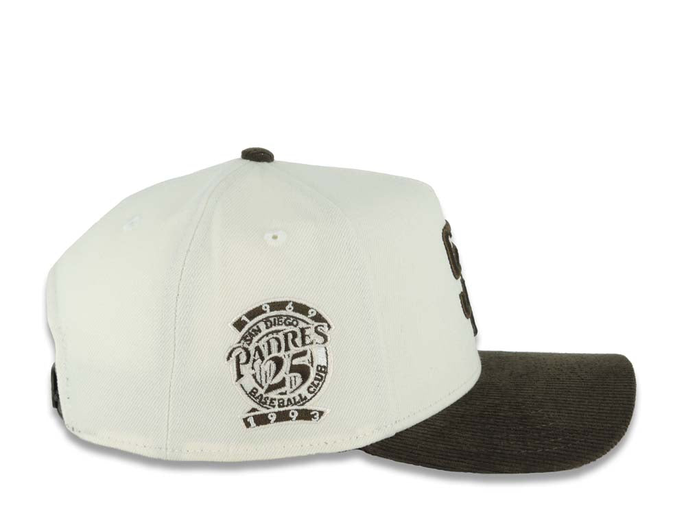 (Corduroy Visor) San Diego Padres New Era 9FORTY 940 Adjustable A-Frame Cap Hat Cream Crown Brown Visor Brown Logo 25th Anniversary Side Patch